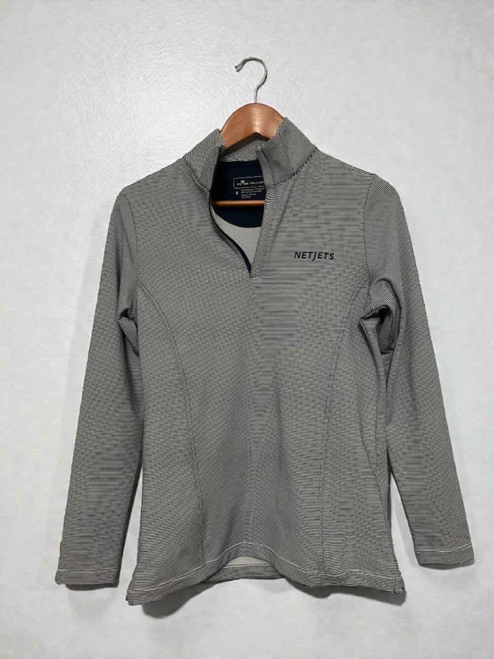 NETJETS Peter Millar Women's Size S Gray Navy Stripe  1/4 Zip Mock Neck Pullover